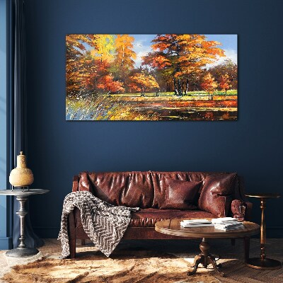 Golden autumn in the park Glass Print