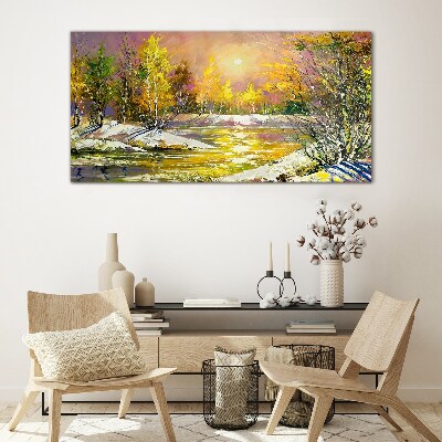 Golden river in the autumn forest Glass Print