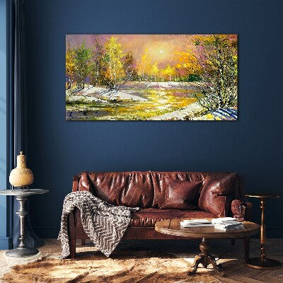 Golden river in the autumn forest Glass Print