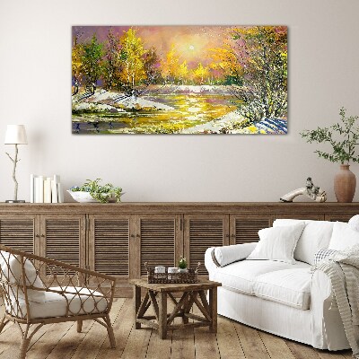 Golden river in the autumn forest Glass Print