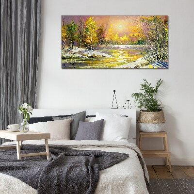 Golden river in the autumn forest Glass Print