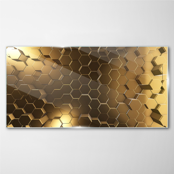 Golden hexagons in space Glass Print