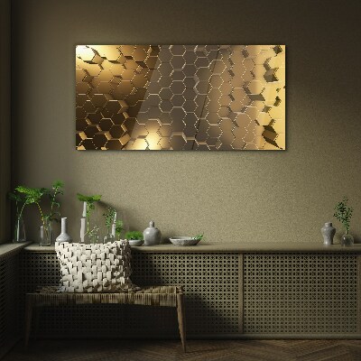 Golden hexagons in space Glass Print
