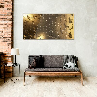 Golden hexagons in space Glass Print