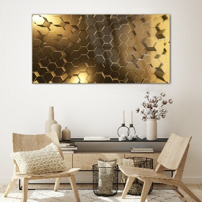 Golden hexagons in space Glass Print