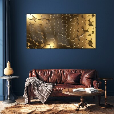 Golden hexagons in space Glass Print