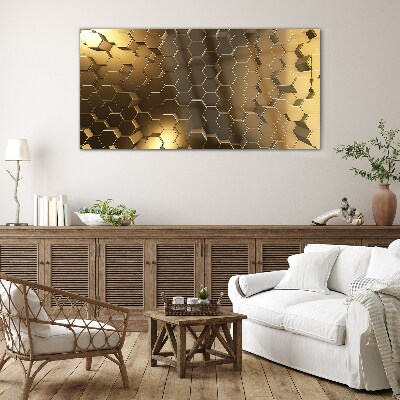 Golden hexagons in space Glass Print
