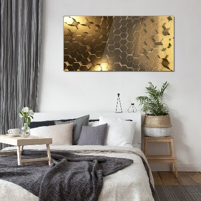Golden hexagons in space Glass Print