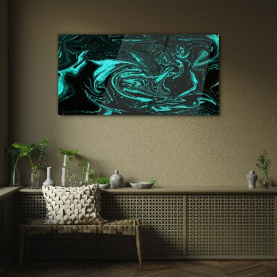 Green and black swirls of abstraction Glass Print