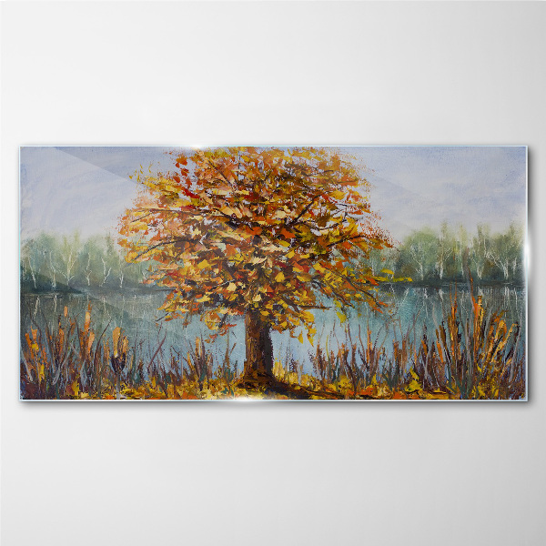 Golden autumn at the pond Glass Wall Art