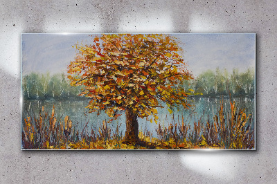 Golden autumn at the pond Glass Wall Art