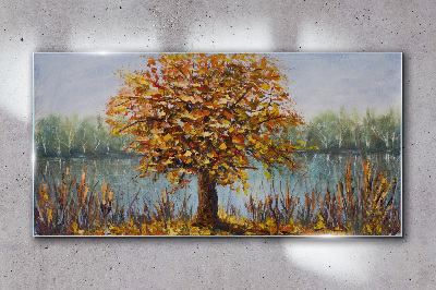 Lake trees autumn leaves Glass Wall Art