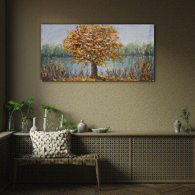 Golden autumn at the pond Glass Wall Art