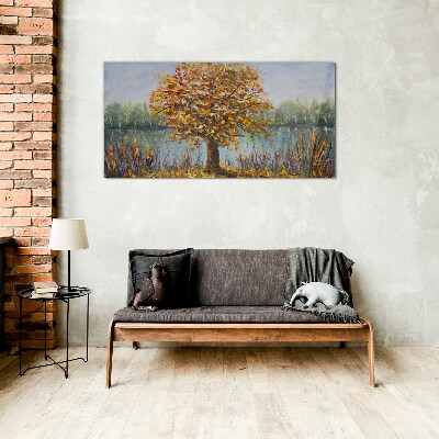 Golden autumn at the pond Glass Wall Art