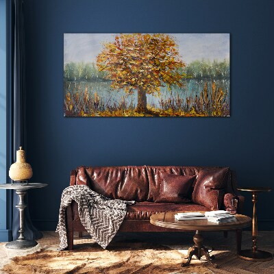 Golden autumn at the pond Glass Wall Art