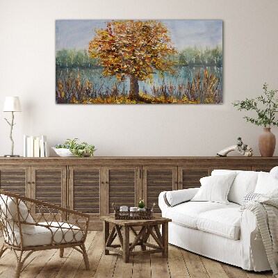 Golden autumn at the pond Glass Wall Art