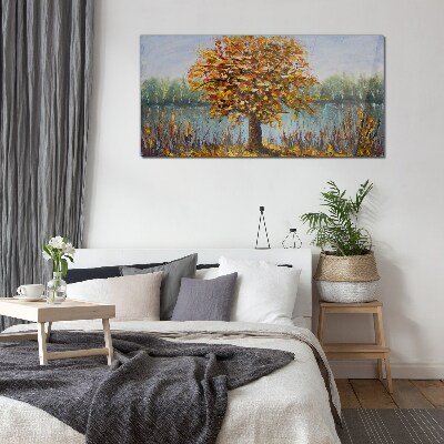 Golden autumn at the pond Glass Wall Art