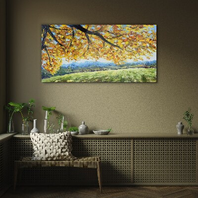 Golden autumn in the landscape Glass Wall Art