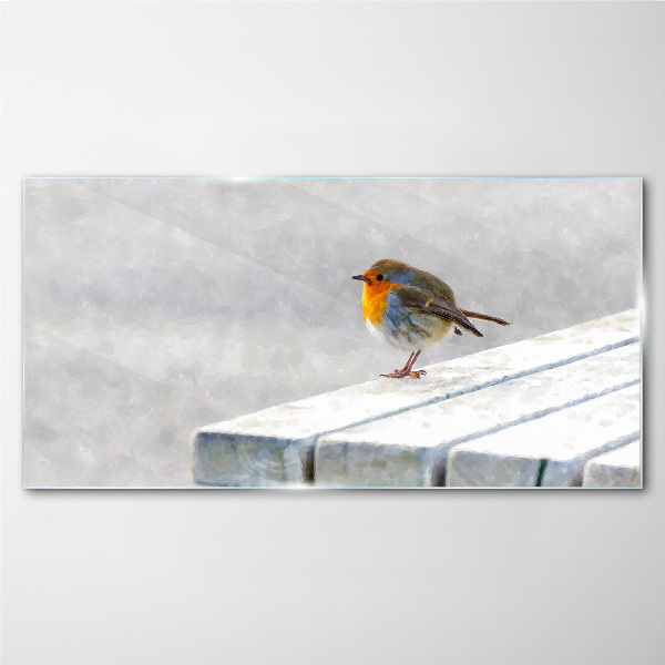 Robin on a white board Glass Wall Art