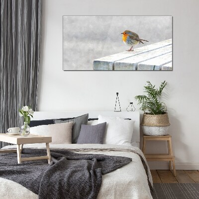 Robin on a white board Glass Wall Art