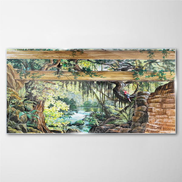 Tropical landscape with waterfall Glass Wall Art