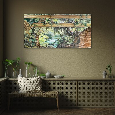 Tropical landscape with waterfall Glass Wall Art