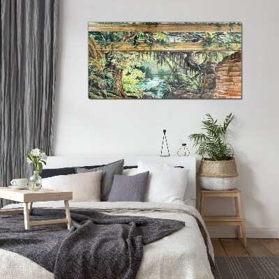 Tropical landscape with waterfall Glass Wall Art