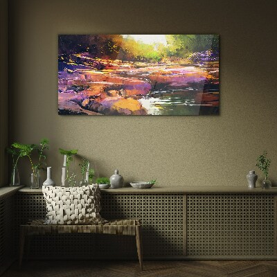 Colorful landscape by the river Glass Wall Art