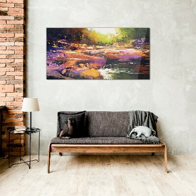 Colorful landscape by the river Glass Wall Art