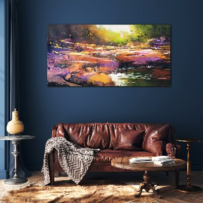 Colorful landscape by the river Glass Wall Art