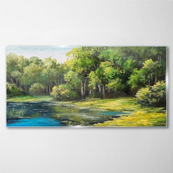 Green landscape over the water Glass Wall Art