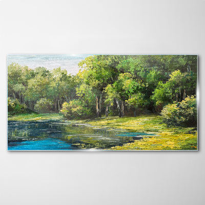 Green landscape over the water Glass Wall Art