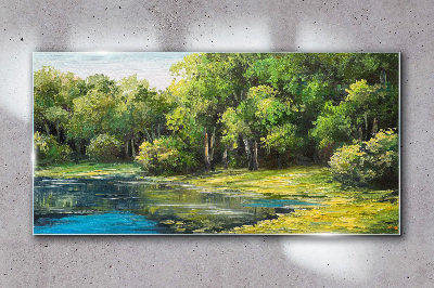 Green landscape over the water Glass Wall Art