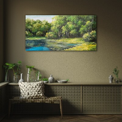 Green landscape over the water Glass Wall Art