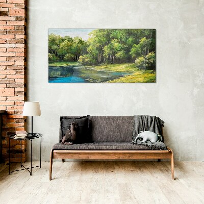 Green landscape over the water Glass Wall Art