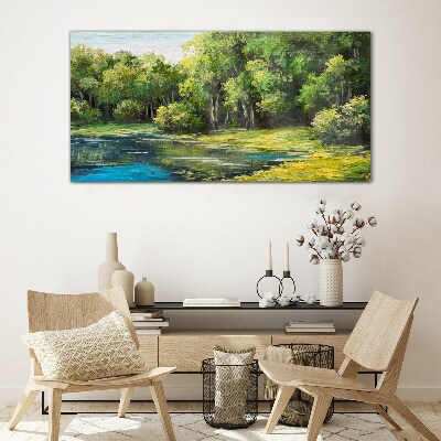 Green landscape over the water Glass Wall Art