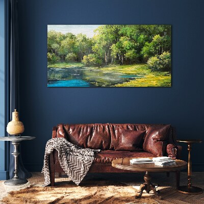 Green landscape over the water Glass Wall Art