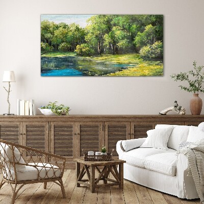 Green landscape over the water Glass Wall Art