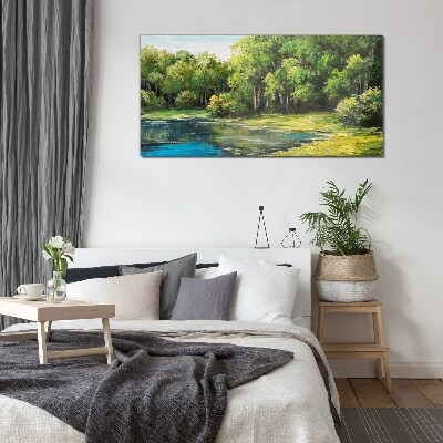 Green landscape over the water Glass Wall Art