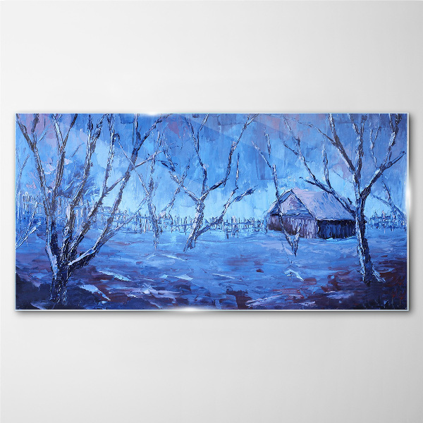 Winter landscape with a cottage Glass Wall Art