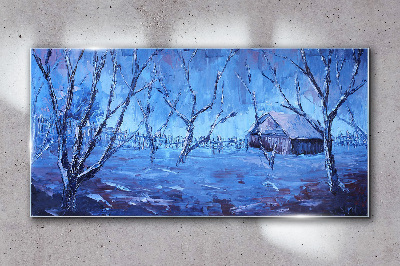 Winter landscape with a cottage Glass Wall Art