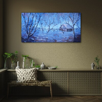 Winter landscape with a cottage Glass Wall Art