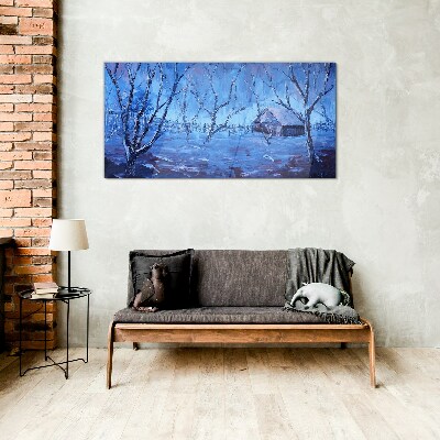 Winter landscape with a cottage Glass Wall Art