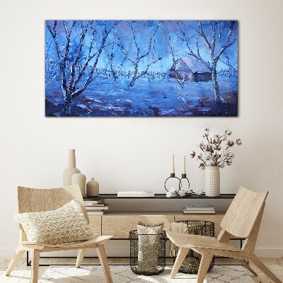 Winter landscape with a cottage Glass Wall Art