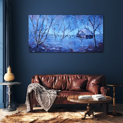 Winter landscape with a cottage Glass Wall Art