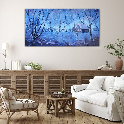 Winter landscape with a cottage Glass Wall Art