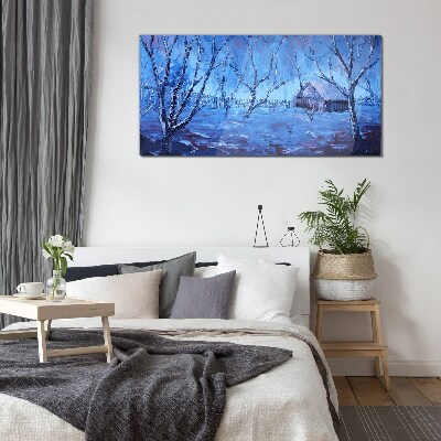 Winter landscape with a cottage Glass Wall Art