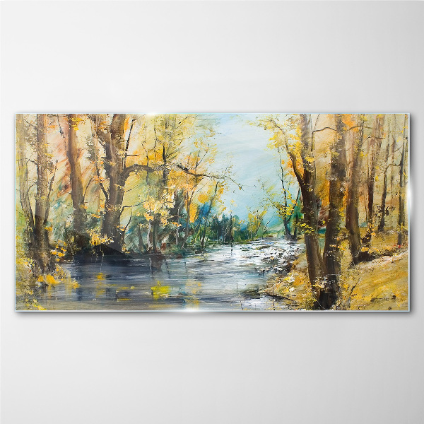 Autumn scenery by the river Glass Wall Art