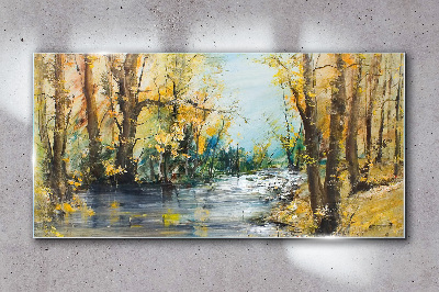 Autumn scenery by the river Glass Wall Art