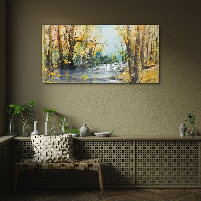 Autumn scenery by the river Glass Wall Art